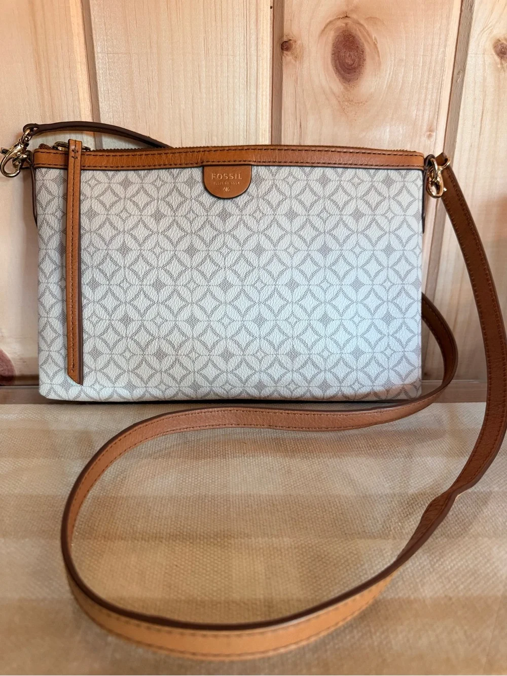 Fossil Geometric Crossbody Bag Tan Leather Trim Cream Gray